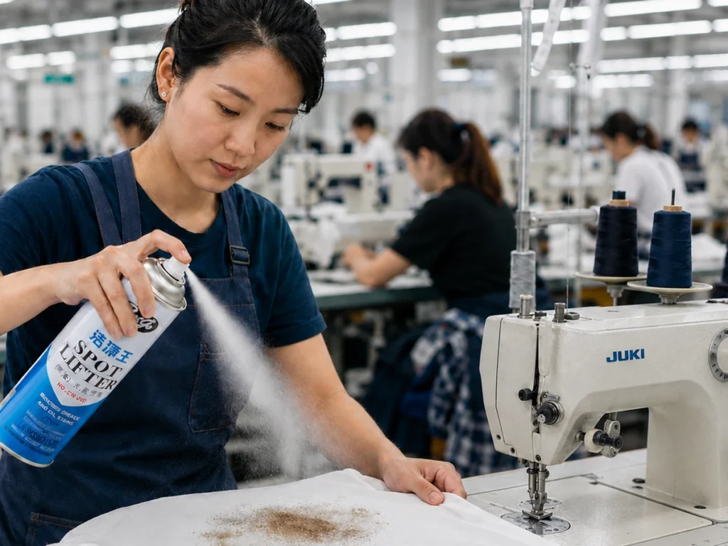 Garment production worker applying JJW-830 Spot Lifter during textile stain-removal rework.