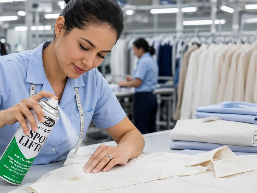 Garment factory worker applying JJW-833 Spot Lifter to a localized stain during garment inspection and rework.